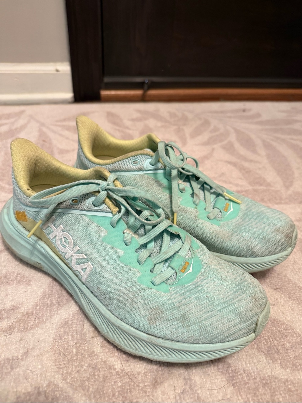 Hoka Women's Mint Green Athletic Running Shoes with Yellow Accent